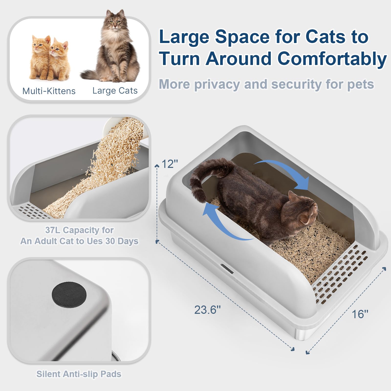Suzzipaws litter box features filter pedal and foot board for paw cleaning.
