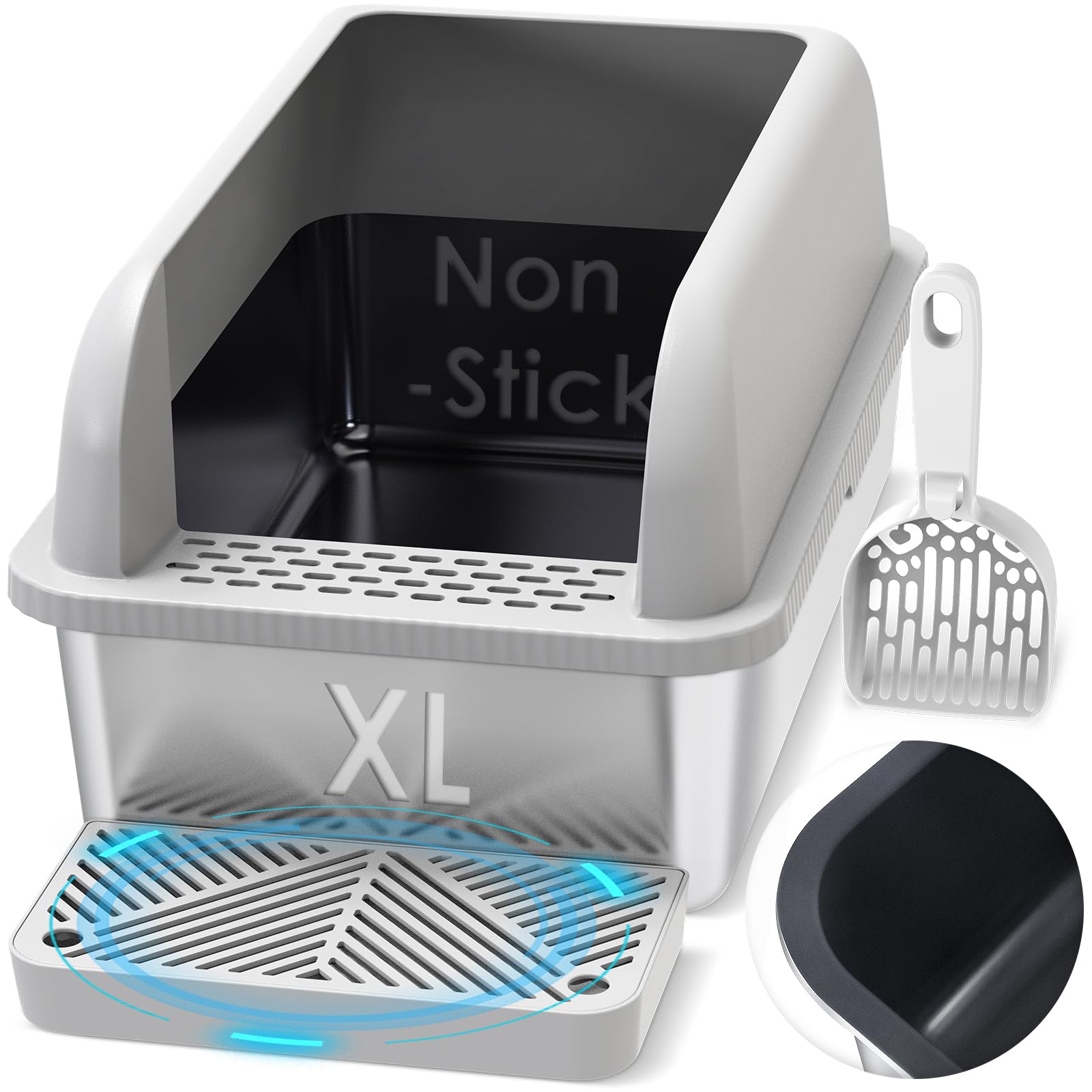 Suzzipaws non-sticky coated stainless steel litter box with lid, easy-clean surface