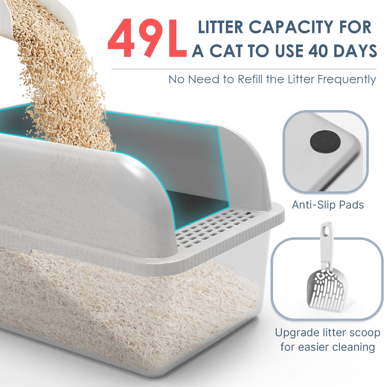 Suzzipaws stainless steel litter box close-up highlighting anti-leak overlap seal.