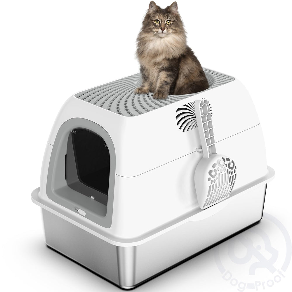 Suzzipaws stainless steel top-entry litter box cover view for enhanced privacy and clean lines.