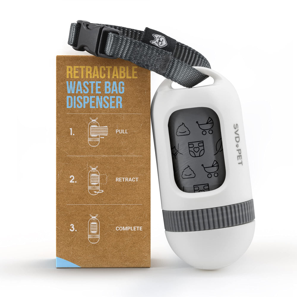 SVD.PET dog poop bag dispenser Pearl White close-up highlighting retractable dial for easy bag access