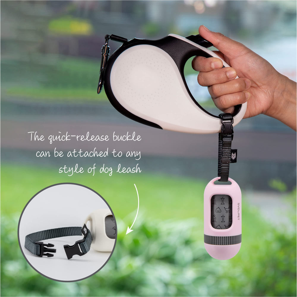 SVD.PET dog poop bag dispenser attached to leash for hands-free walks