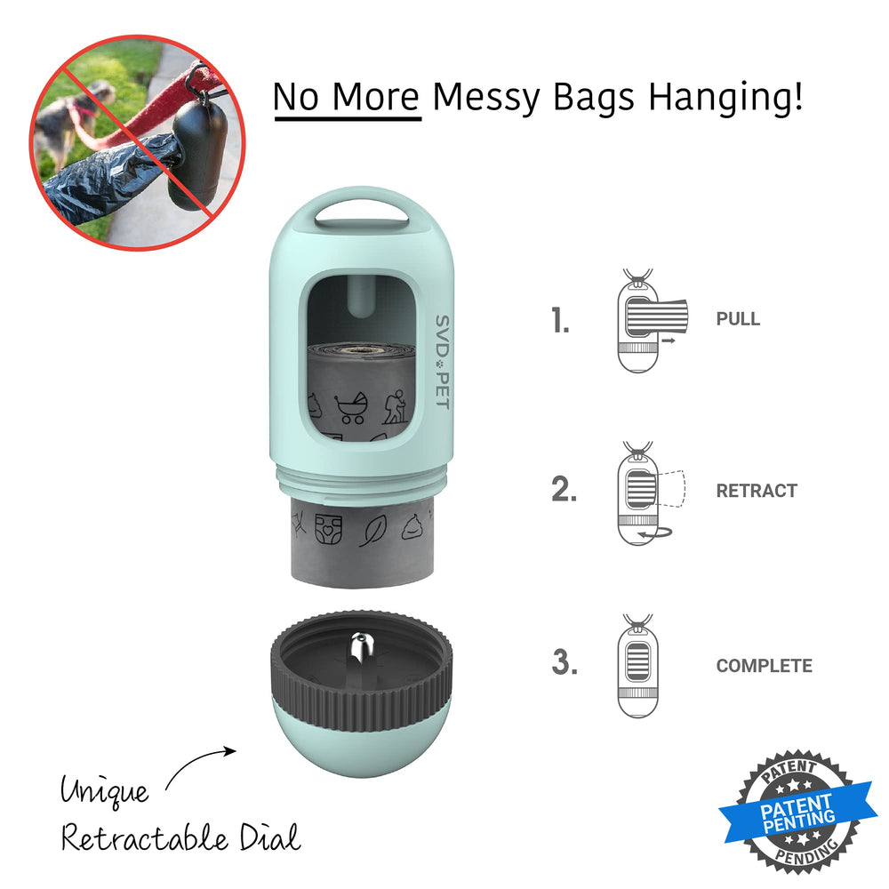 SVD.PET dog poop bag dispenser with retractable dial for tidy refills on walks.