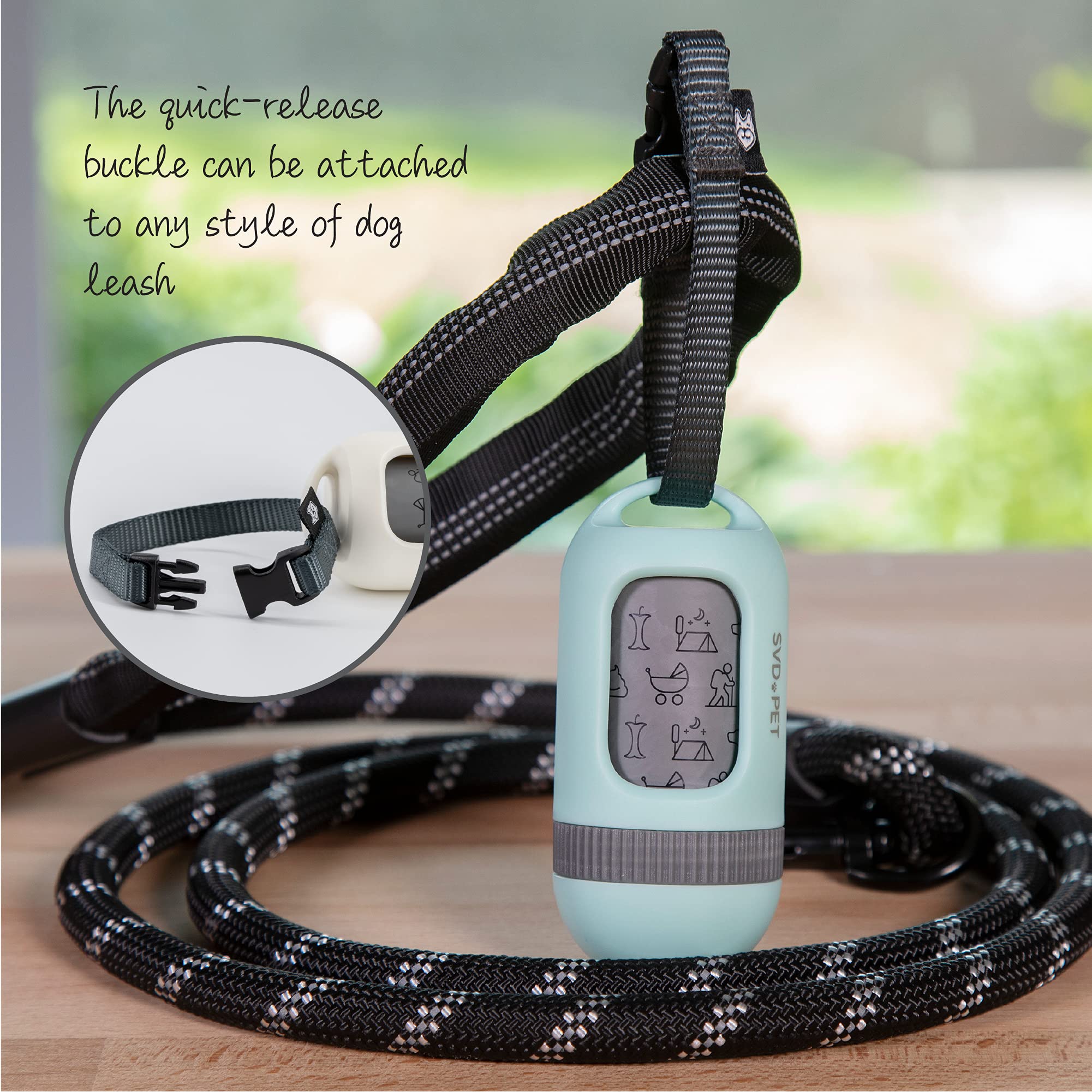 SVD.PET dispenser with secure buckle attachment fits most leashes during hikes.