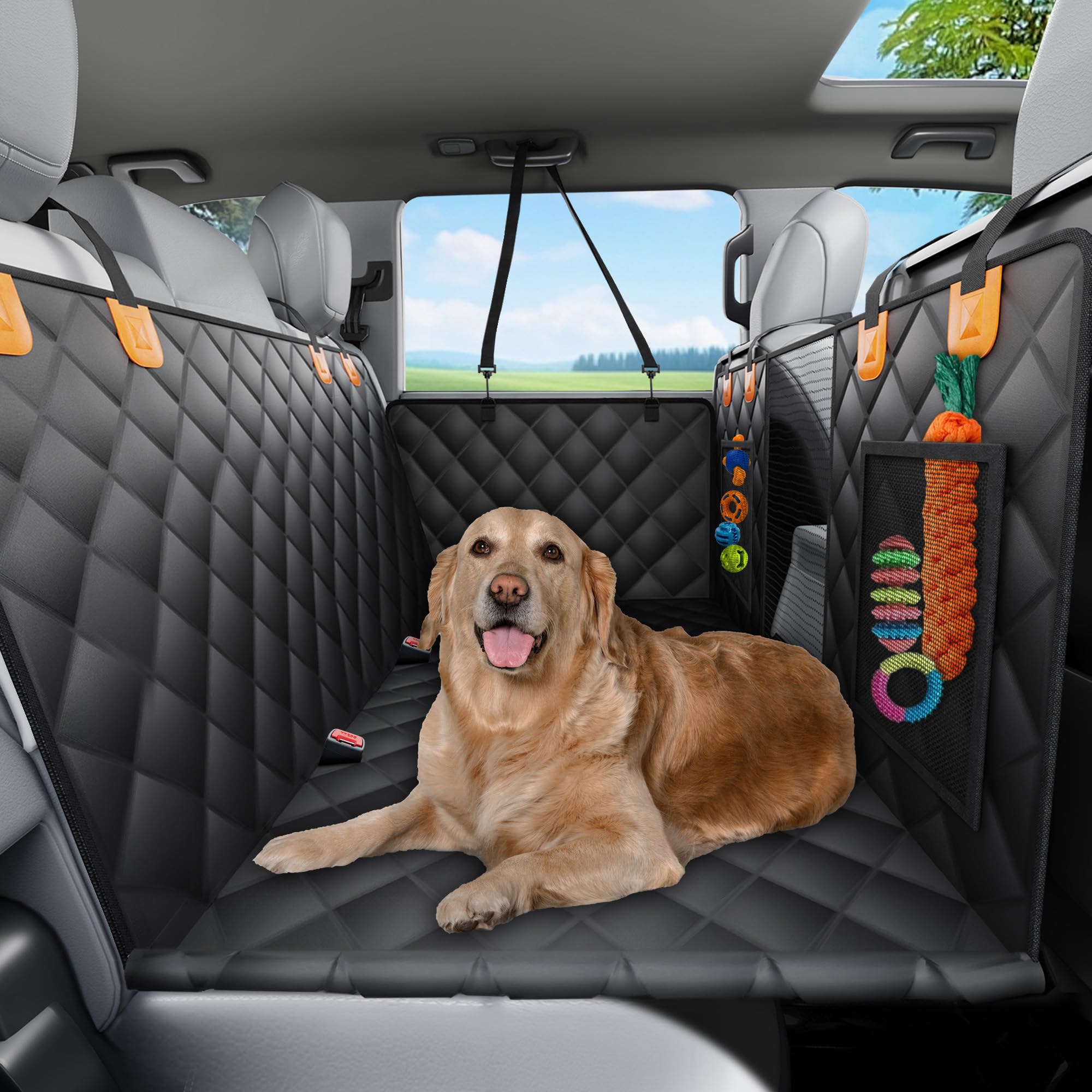 SW PRODUCTS backseat cover with hard-bottom pet bed provides stable lounging space for travel.