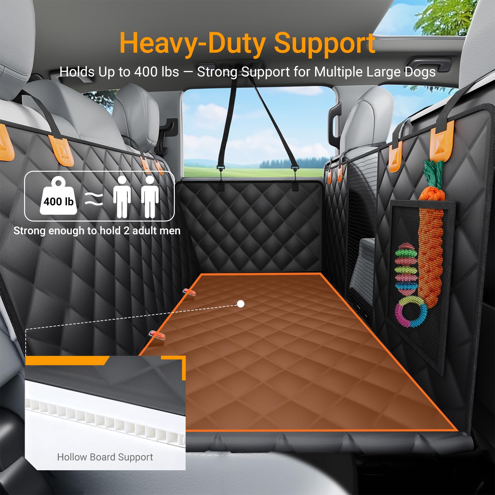 SW PRODUCTS dog car hammock with mesh window improves visibility and calm on trips.