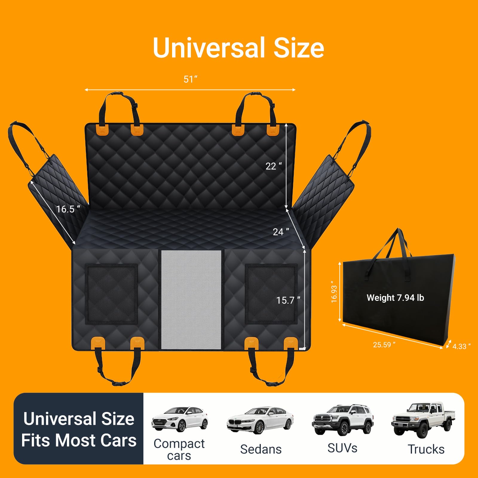 SW PRODUCTS universal-fit backseat cover matches 51 by 61.7 inches for many cars.