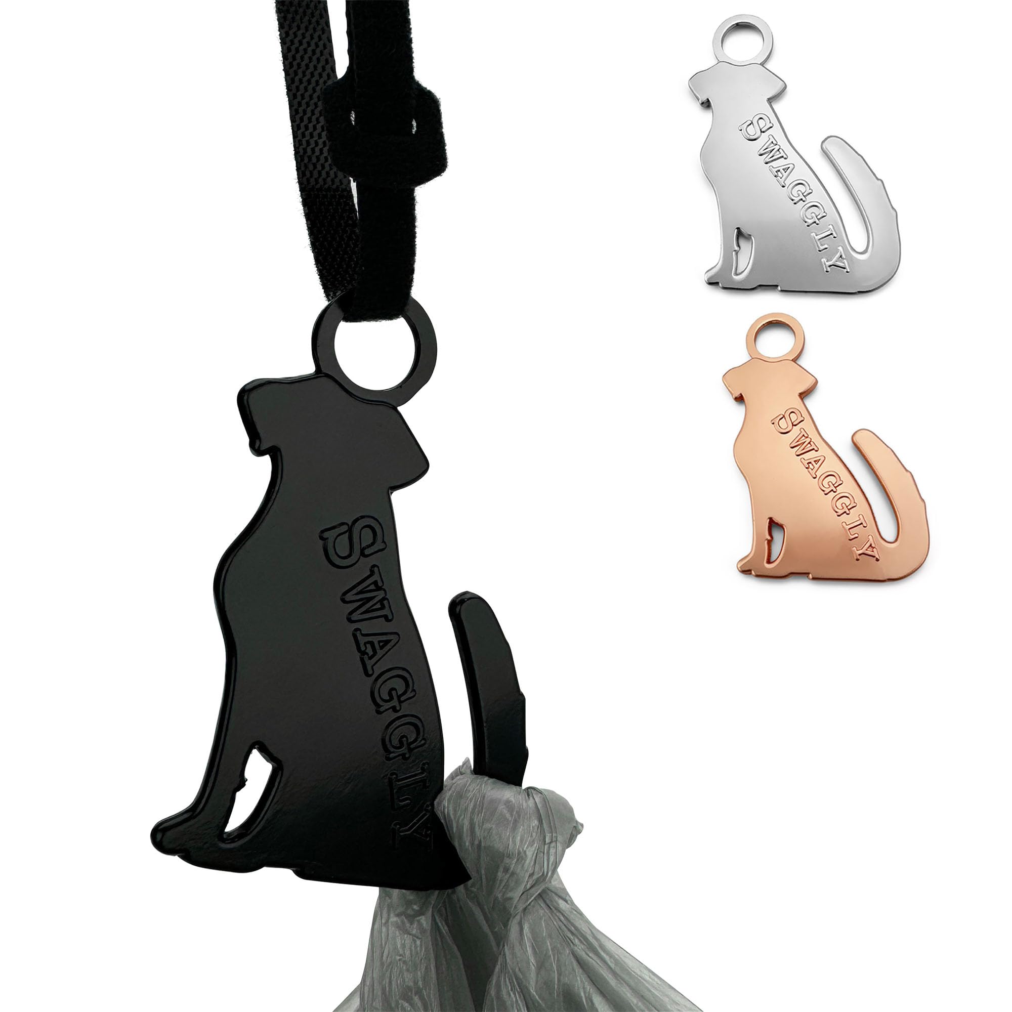 Swaggly cute dog poop bag holder in Labrador Black with secure Velcro strap for leash.