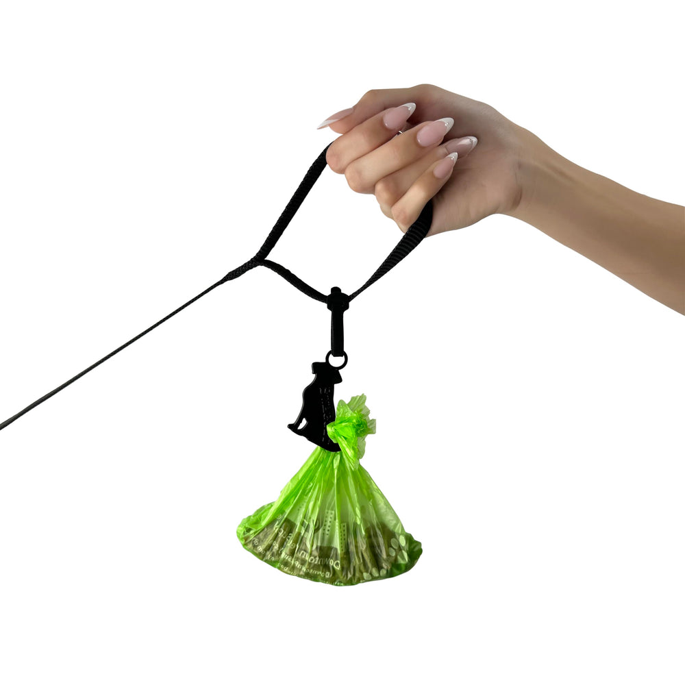 Swaggly poop bag holder with quiet no-bounce design for stable bags.