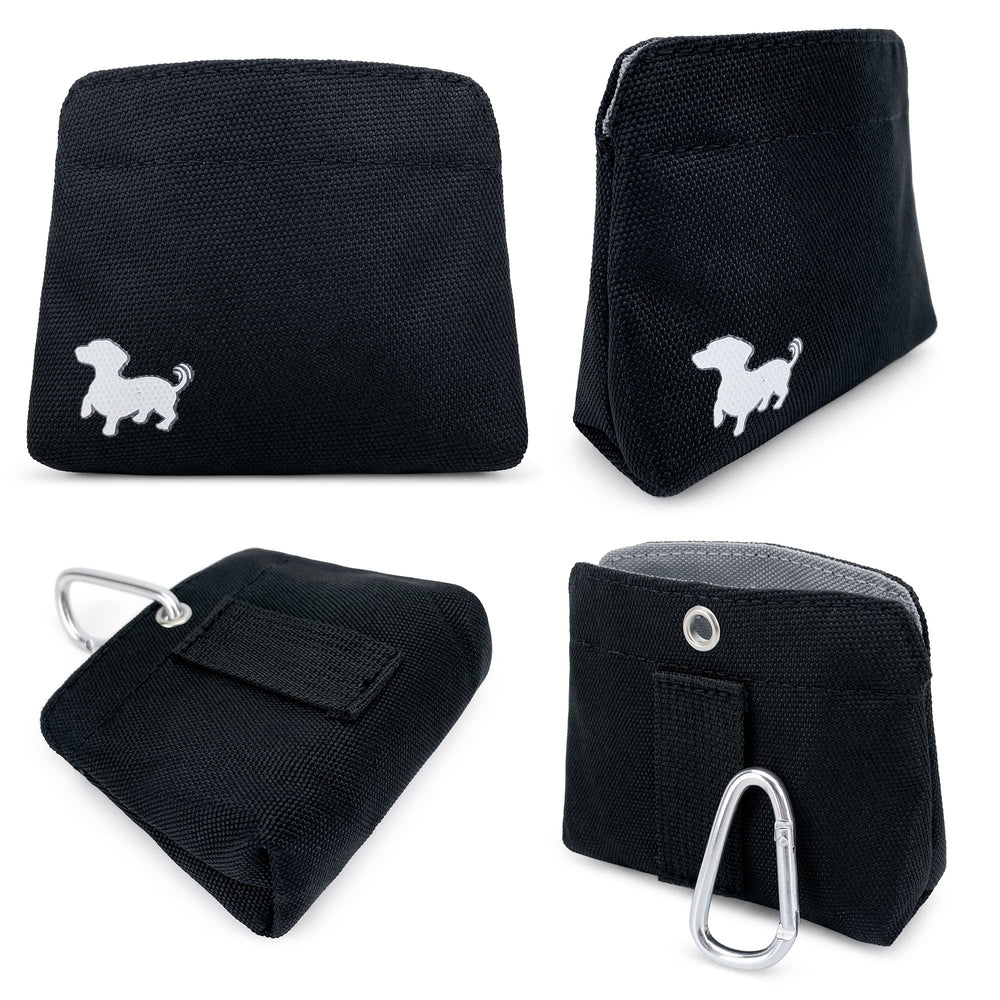 Swaggly small dog treat pouch tucked in pocket for discreet treats on the go