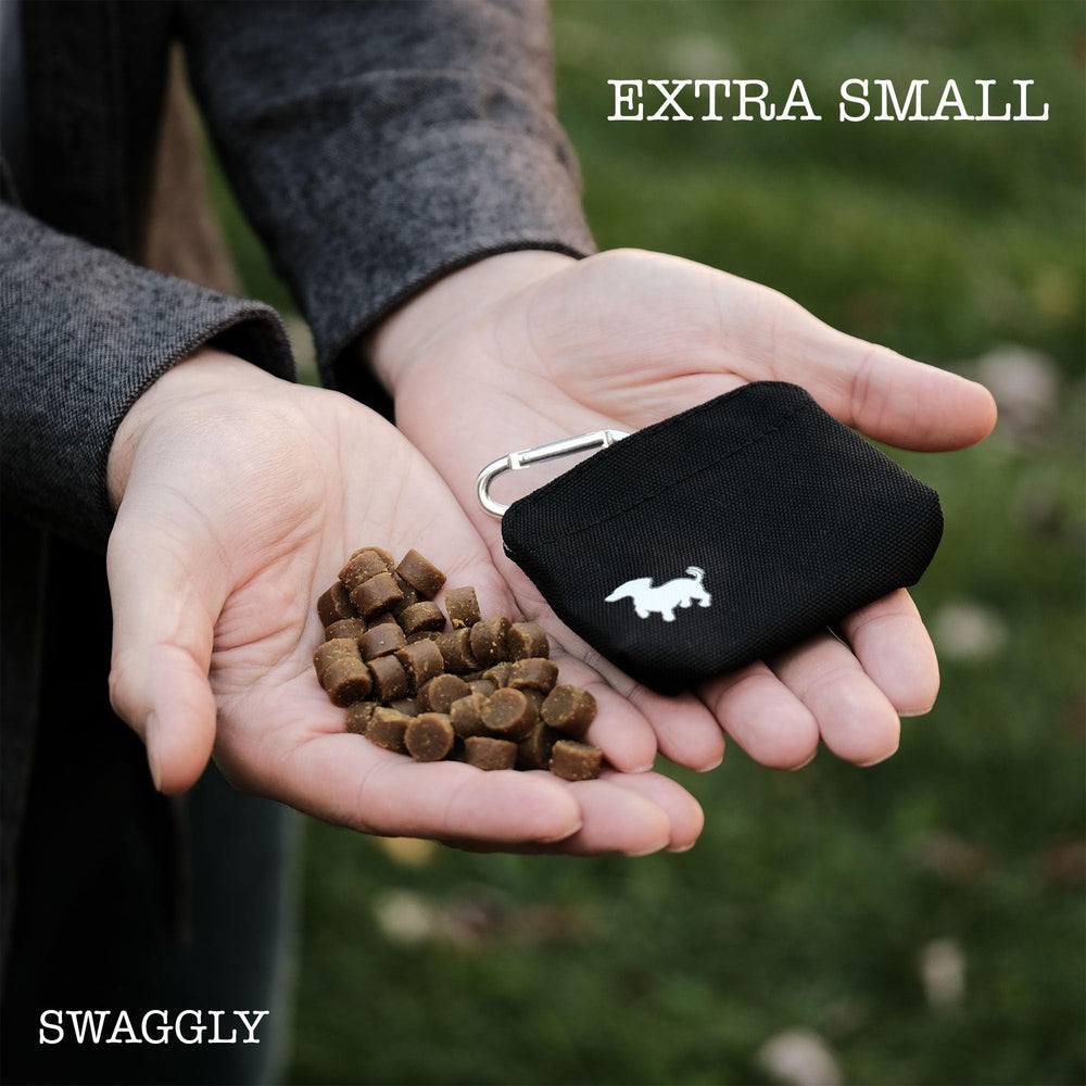 Swaggly treat pouch tucked in a coat pocket for discreet, low-profile storage.