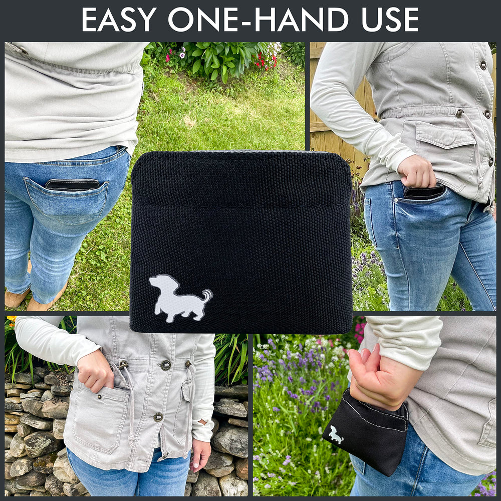 Swaggly treat pouch's water-resistant vegan fabric wipes clean after rain or mud.