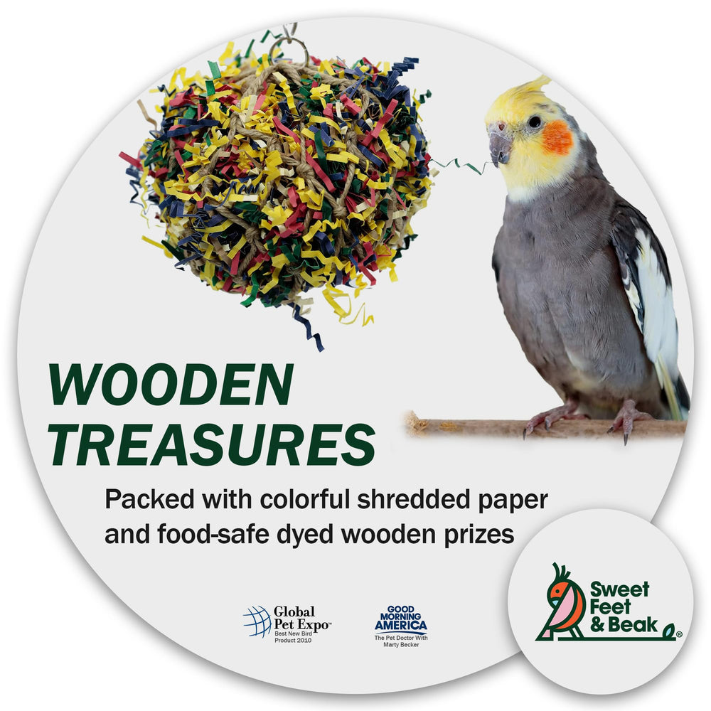 Sweet Feet and Beak closeup of chew-action on shredded paper inside the ball