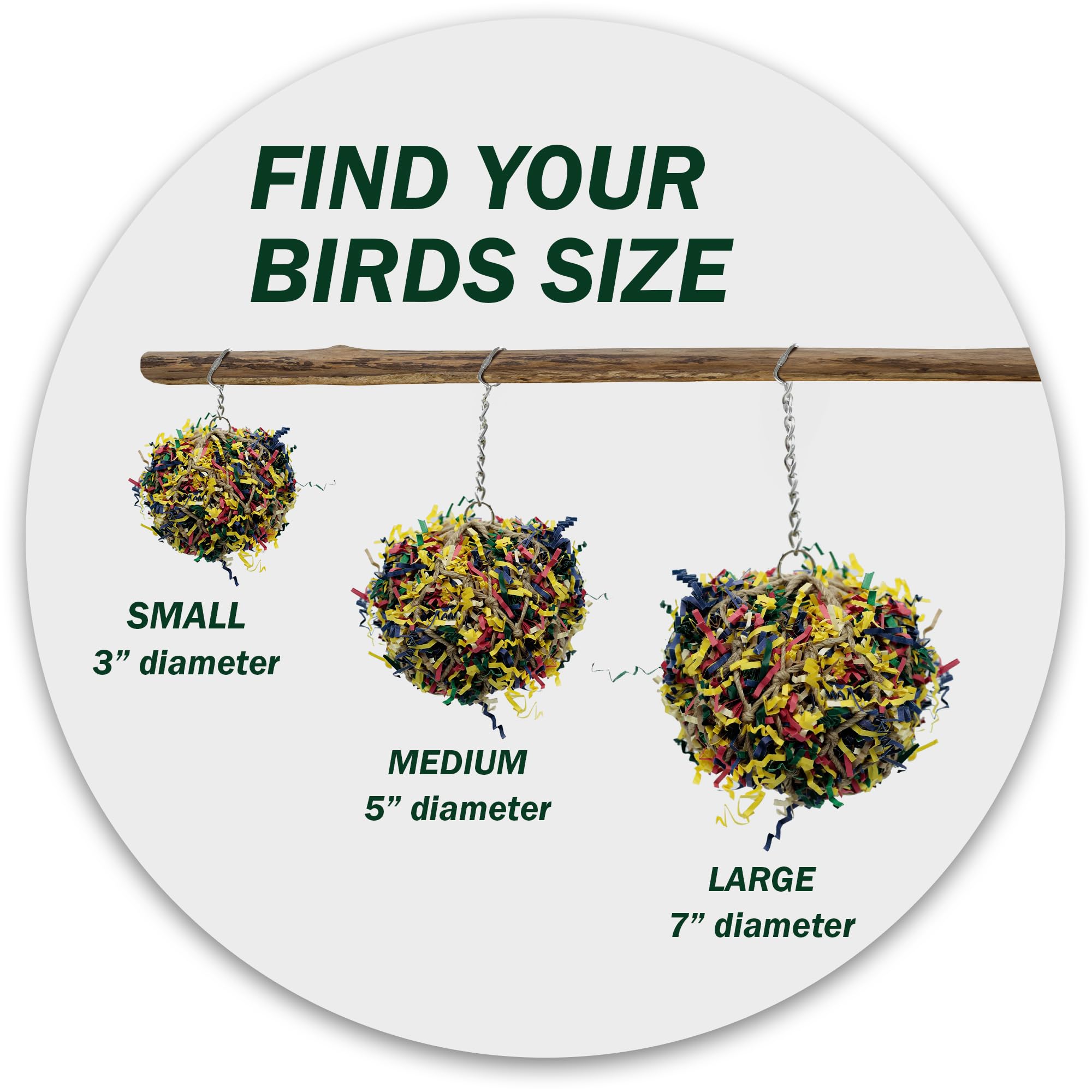 Sweet Feet and Beak 3-inch shredder ball toy shows easy-hang quick-link for cage setup