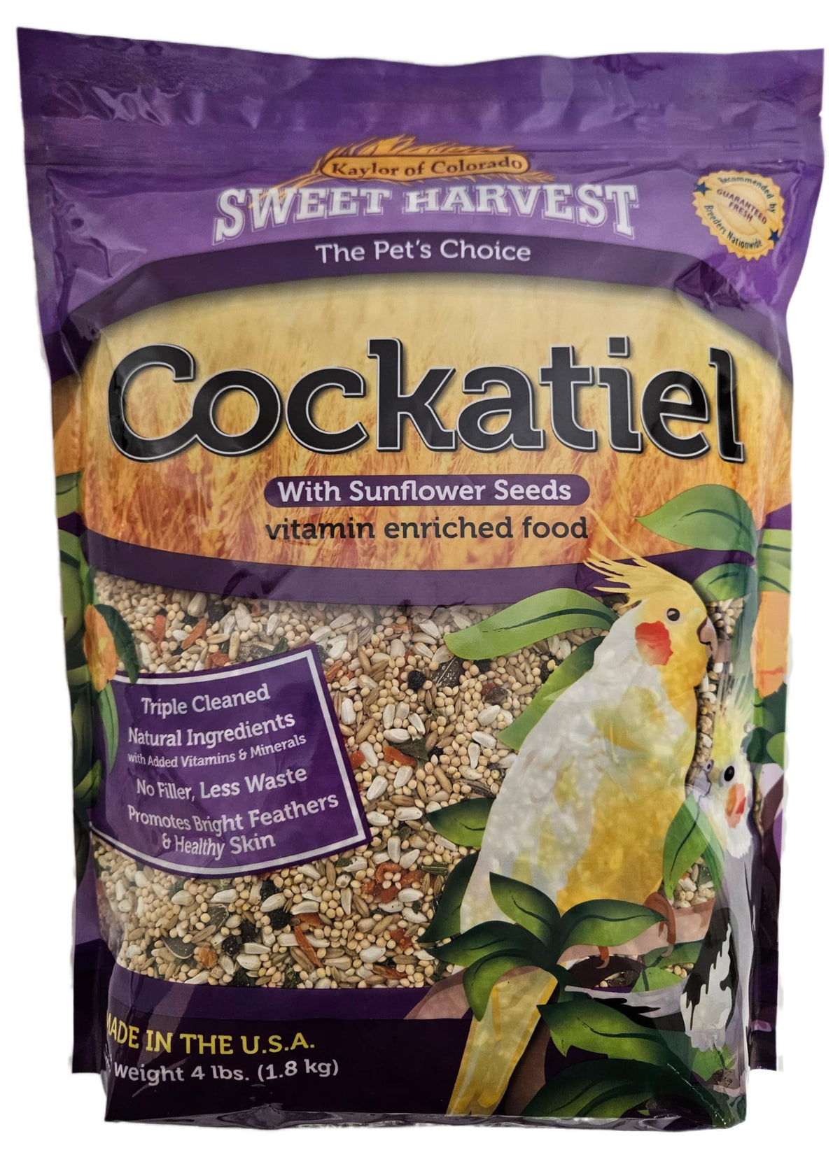 Sweet Harvest cockatiel seed mix in bag emphasizes premium nutrition for daily feeding.