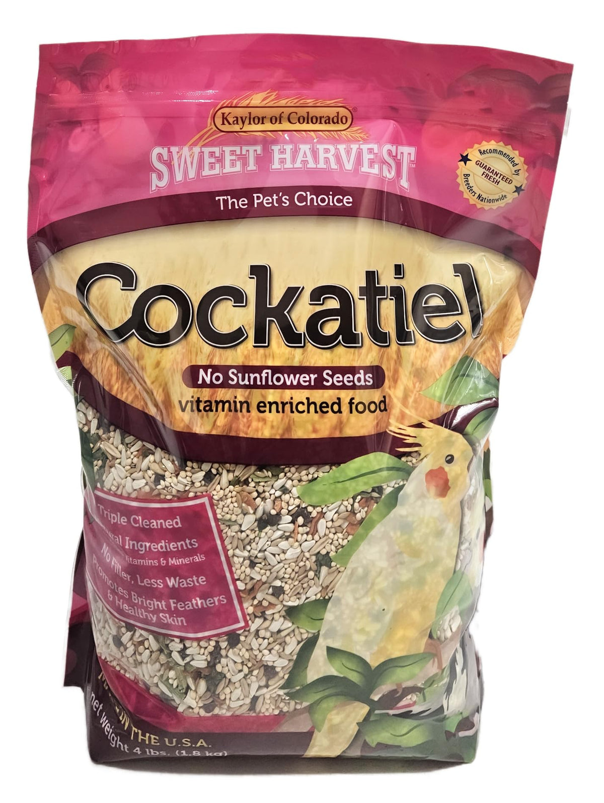 Sweet Harvest cockatiel seed mix bag shows premium blend for healthier feathered friends.
