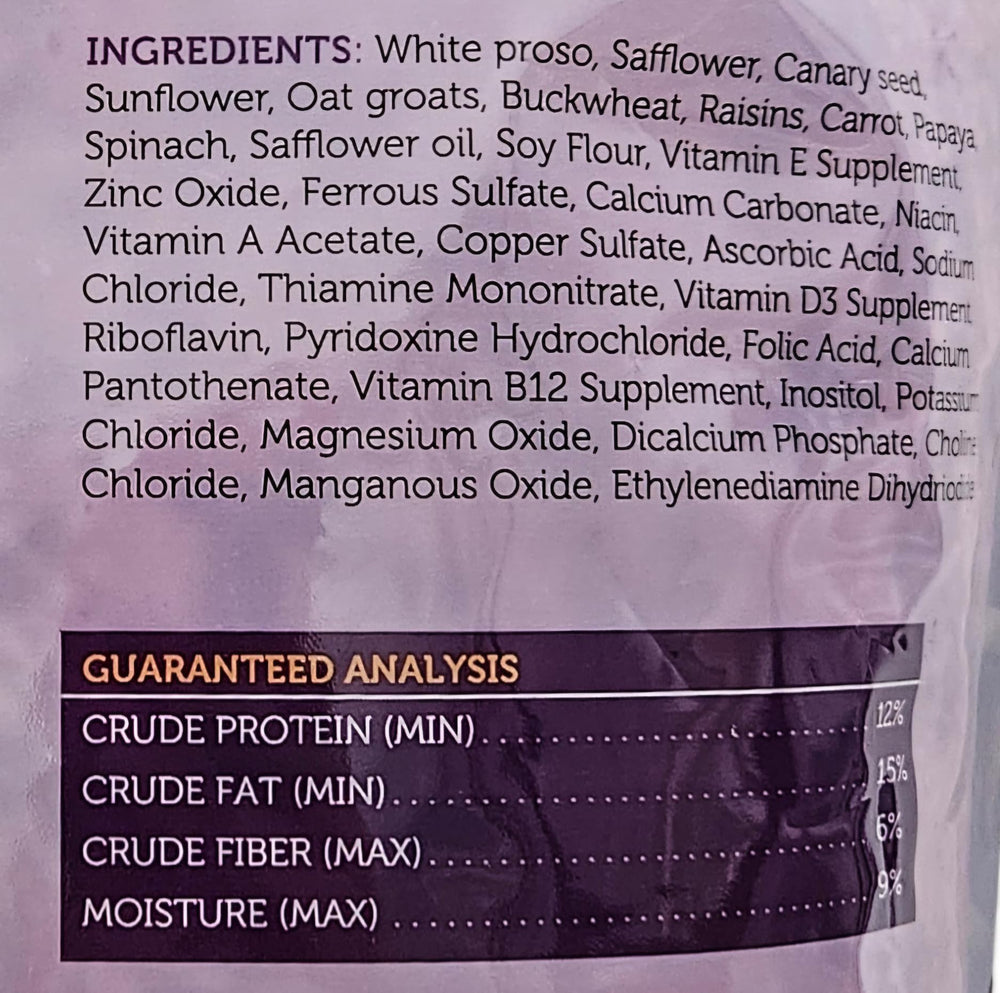 Sweet Harvest sunflower seeds visible in mix promise appealing flavors for picky cockatiels.