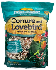Sweet Harvest conure and lovebird bird food packaging in a 4 lb bag for convenient feeding.
