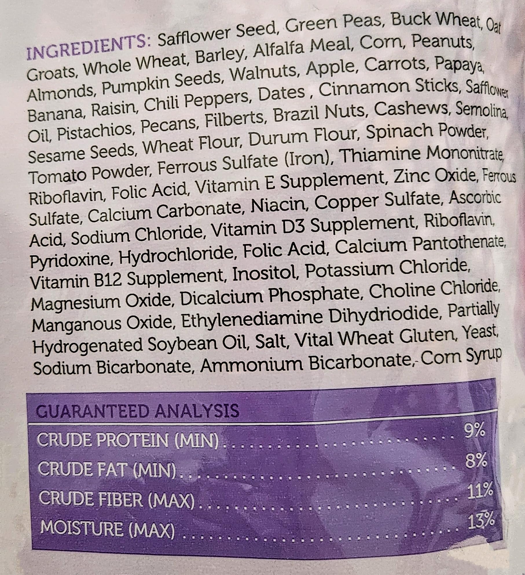 Sweet Harvest Macaw ingredients variety highlights natural, vitamin-rich mix for energy.