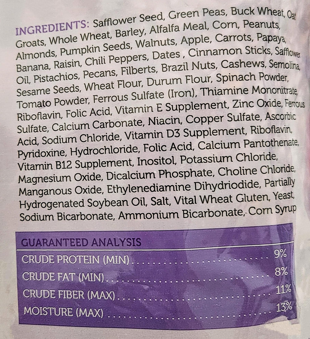 Sweet Harvest Macaw ingredients variety highlights natural, vitamin-rich mix for energy.