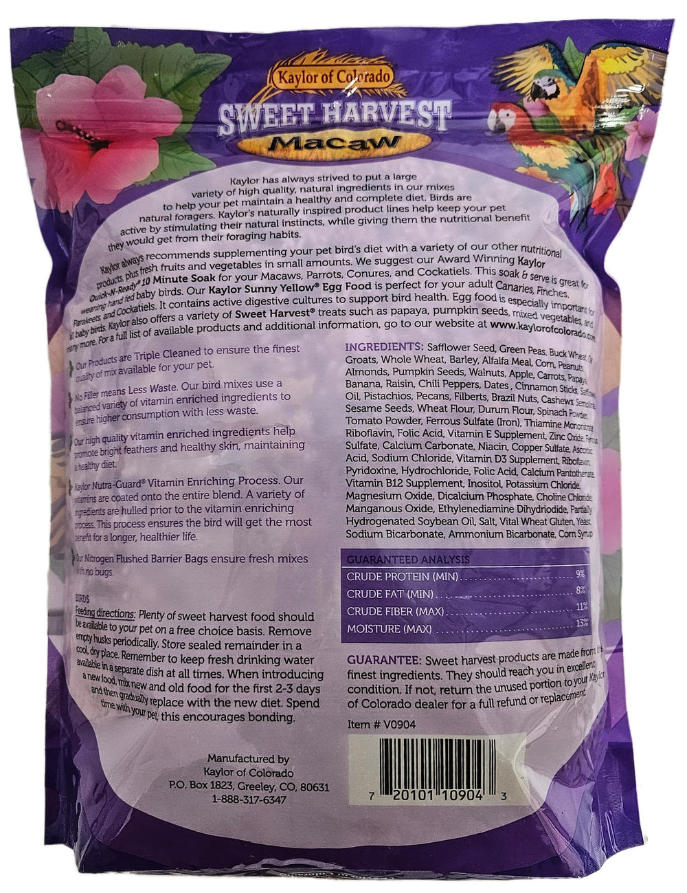 Sweet Harvest Macaw seed mix close-up shows diverse seeds and nuts for enrichment.