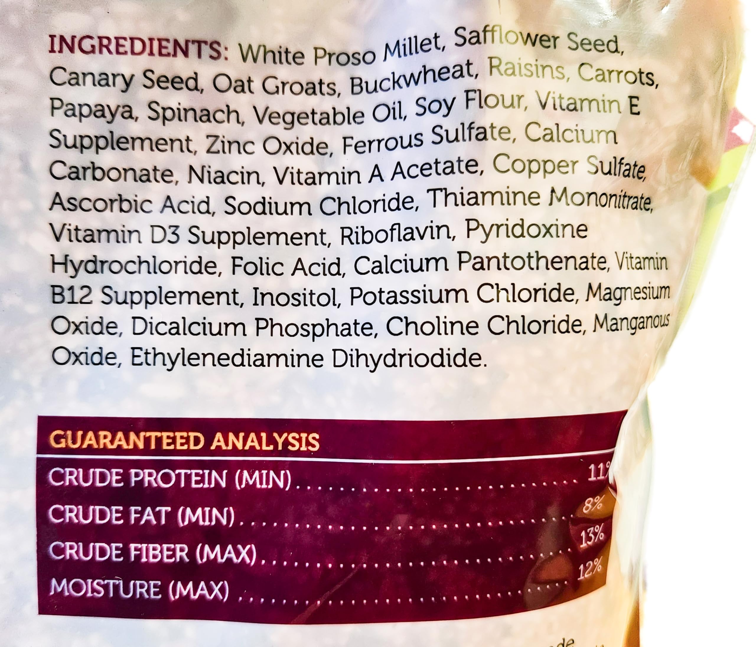 Sweet Harvest natural ingredients and vitamins label suggests balanced daily nutrition for cockatiels.