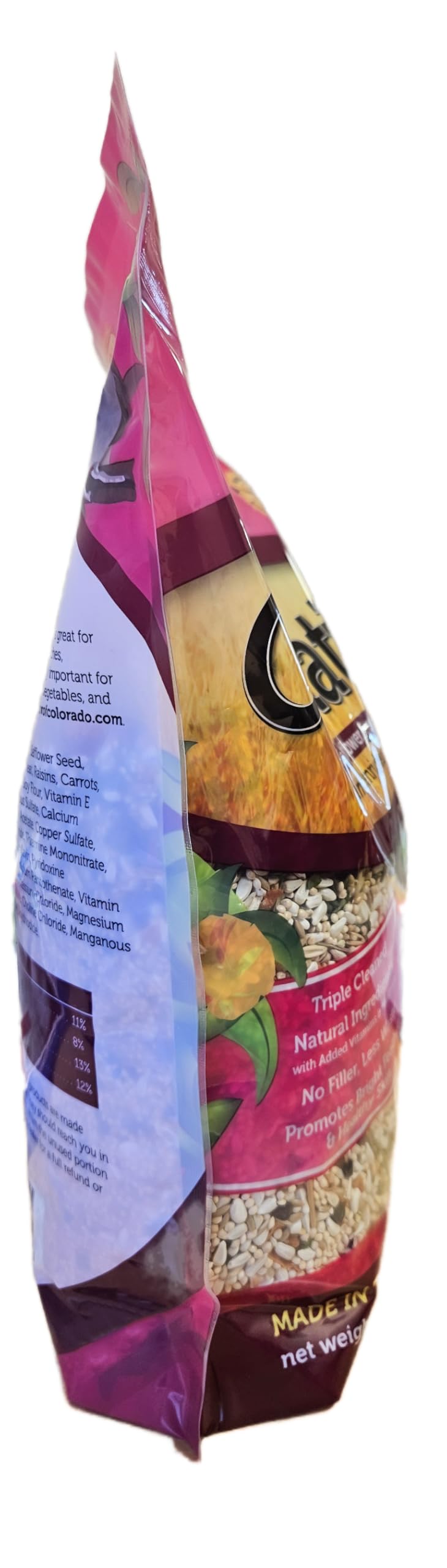 Sweet Harvest no-sunflower-seeds packaging highlights allergy-friendly, customizable nutrition for cockatiels.