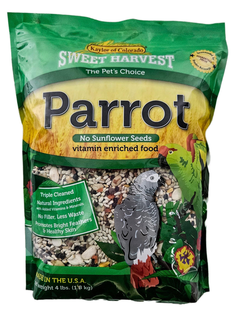 Sweet Harvest parrot food bag front view with sunflower-free seed mix