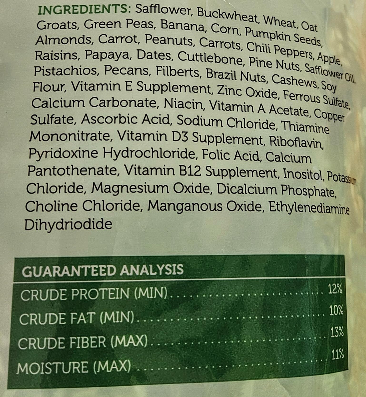 Sweet Harvest seed mix closeup reveals banana, apple, and papaya