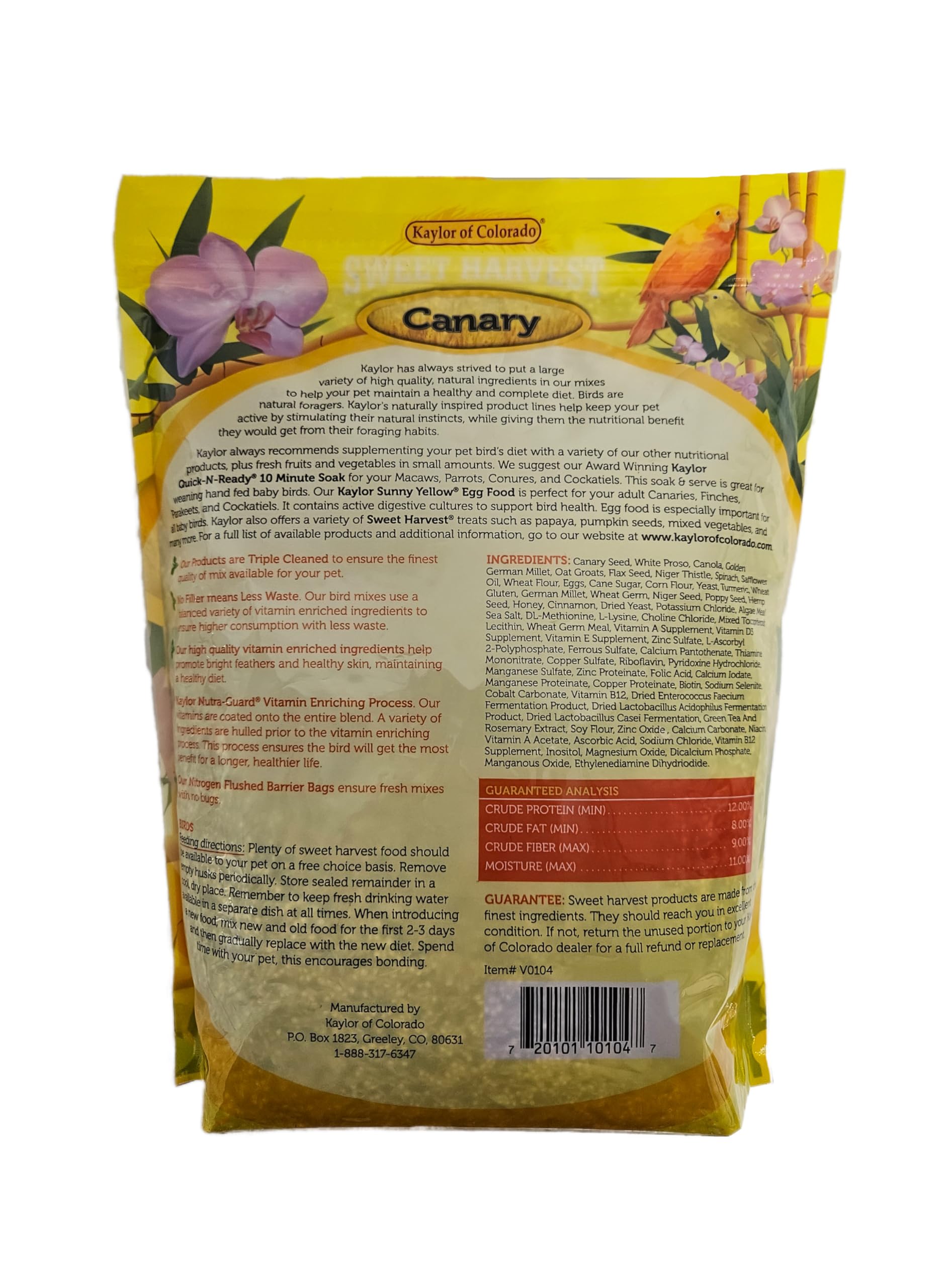 Sweet Harvest vitamin enriched bird food close-up showing balanced nutrients.