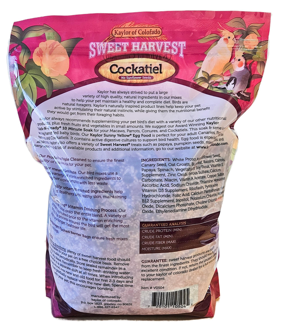 Sweet Harvest vitamin enriched formula highlights added nutrients for everyday cockatiel vitality.