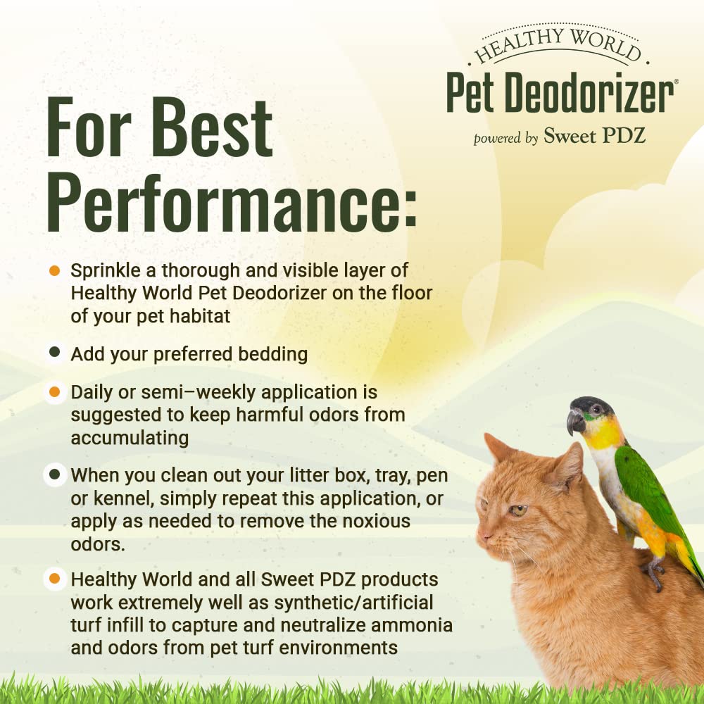 Sweet PDZ Healthy World cat-litter-odor focuses on odor reduction in litter areas.