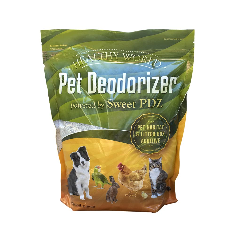 Sweet PDZ Healthy World deodorizer bottle pour showing easy odor control in homes.
