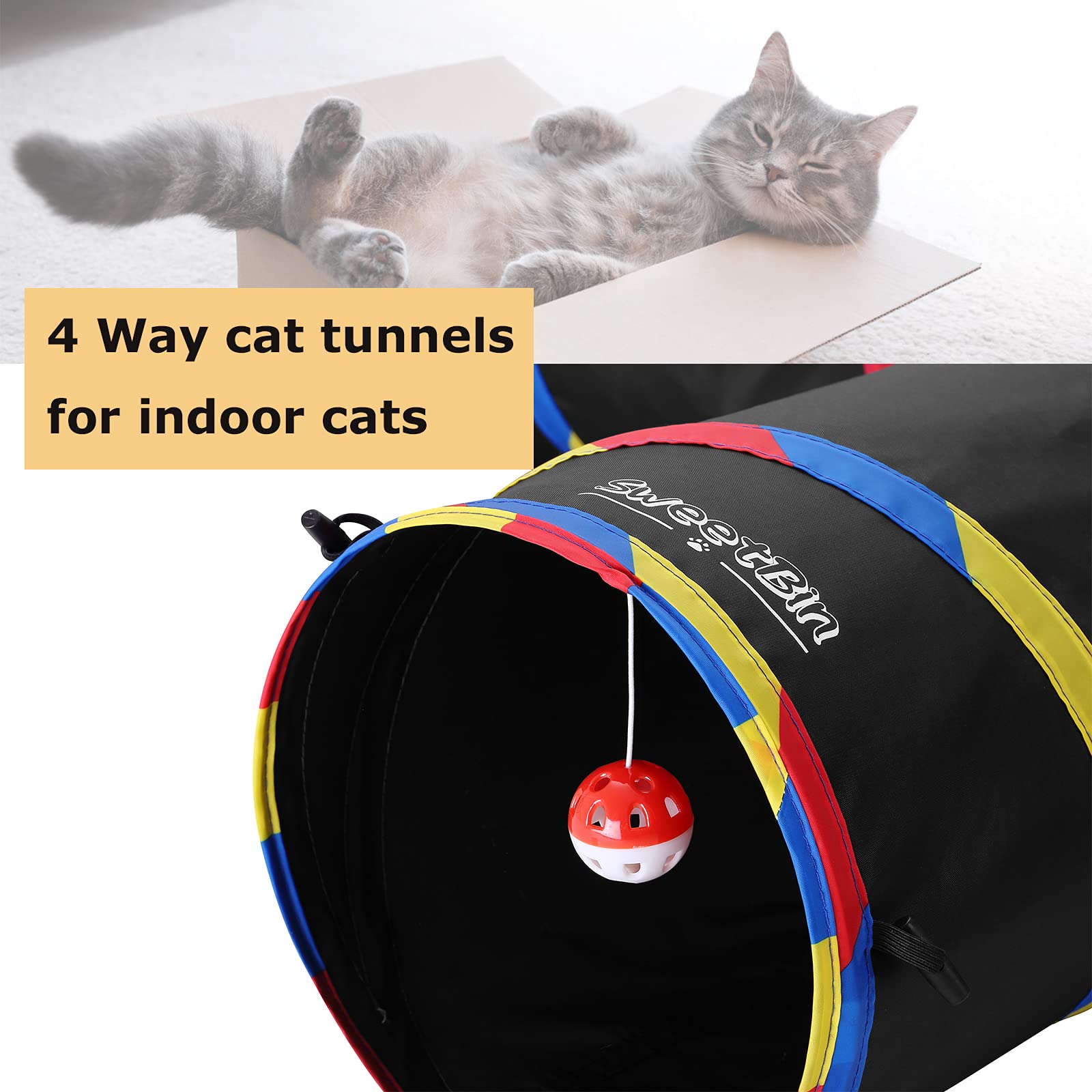 SweetBin cat tunnel with mouse toy encourages chasing and enrichment.