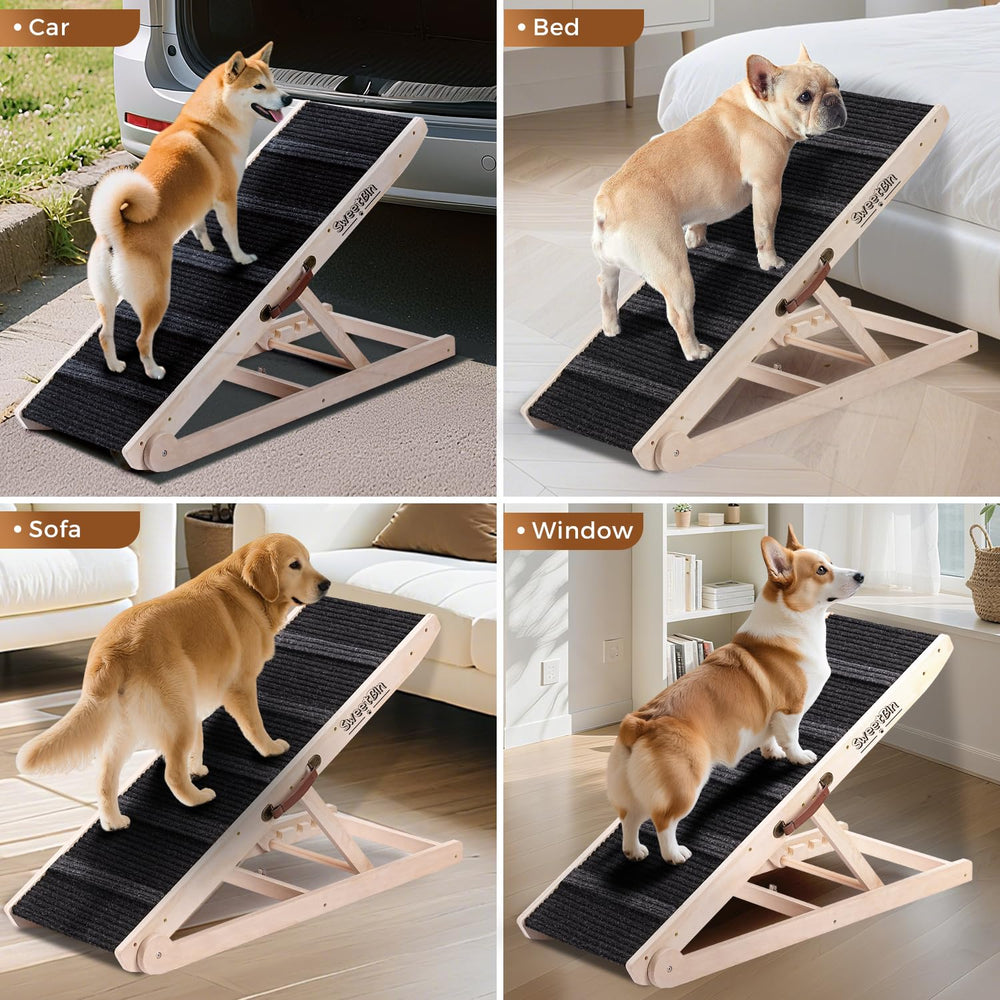 SweetBin dog ramp folded-under-couch, ultra-thin profile fits tight storage spaces.
