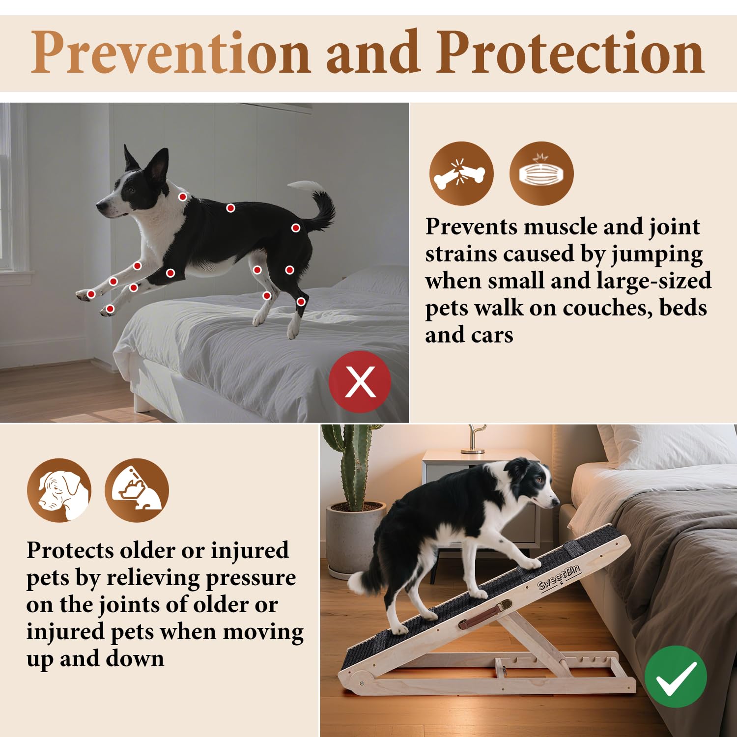 SweetBin dog ramp wooden construction, durable plywood framing provides reliable support.