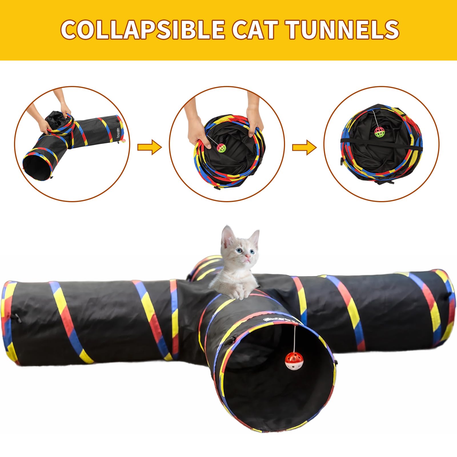 SweetBin play ball and mouse toy included in tunnel for interactive play.