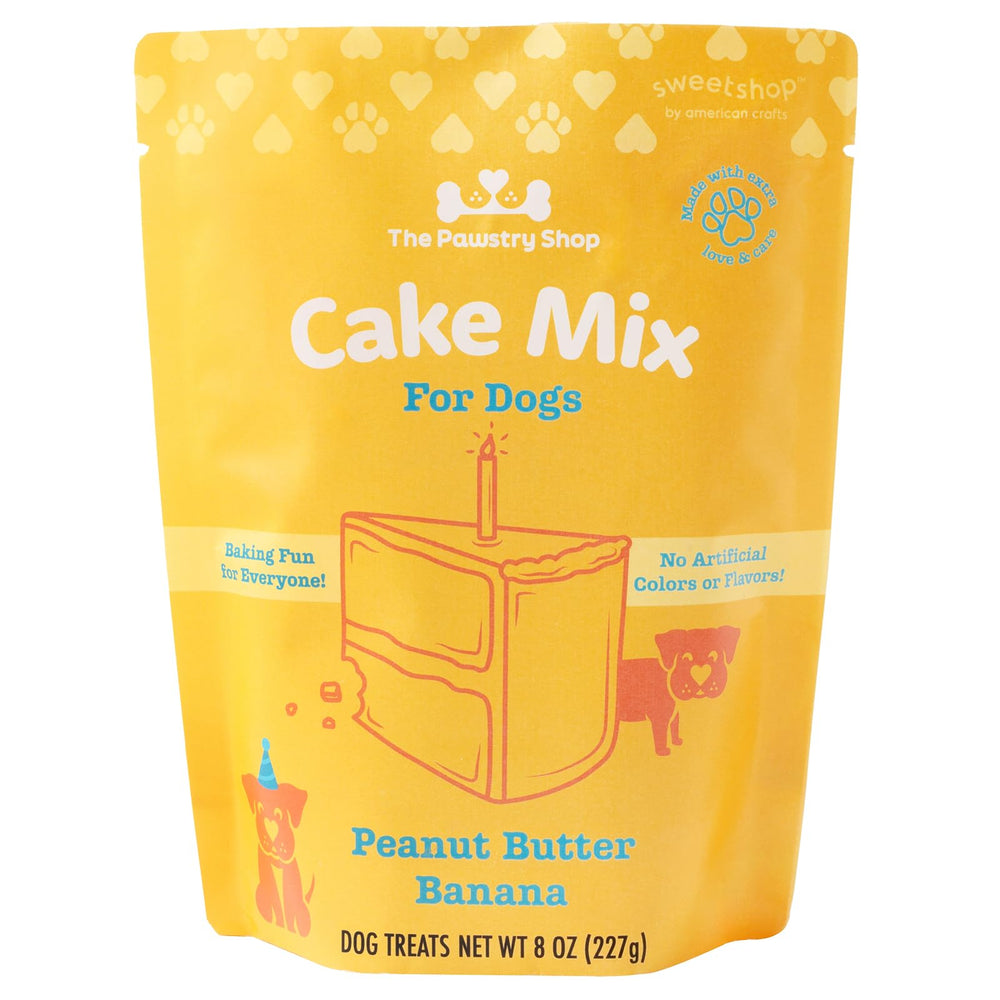 sweetshop Pawstry Shop dog cake mix box front view highlights peanut butter banana flavor for dog birthdays.