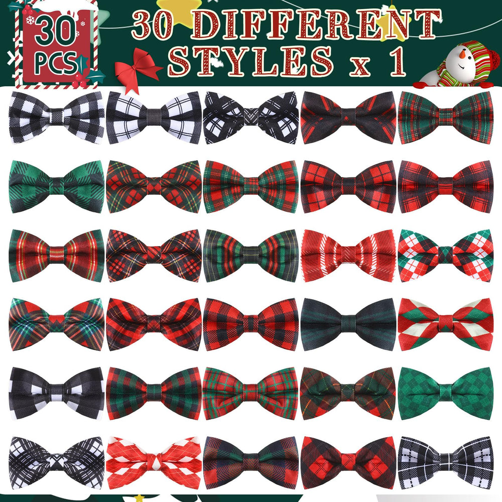 Sweetude winter plaid patterns on dog bows for holiday photos