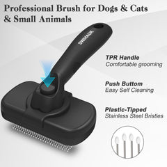 Swihauk slicker brush soft round bristles close-up show pet-safe deshedding comfort.