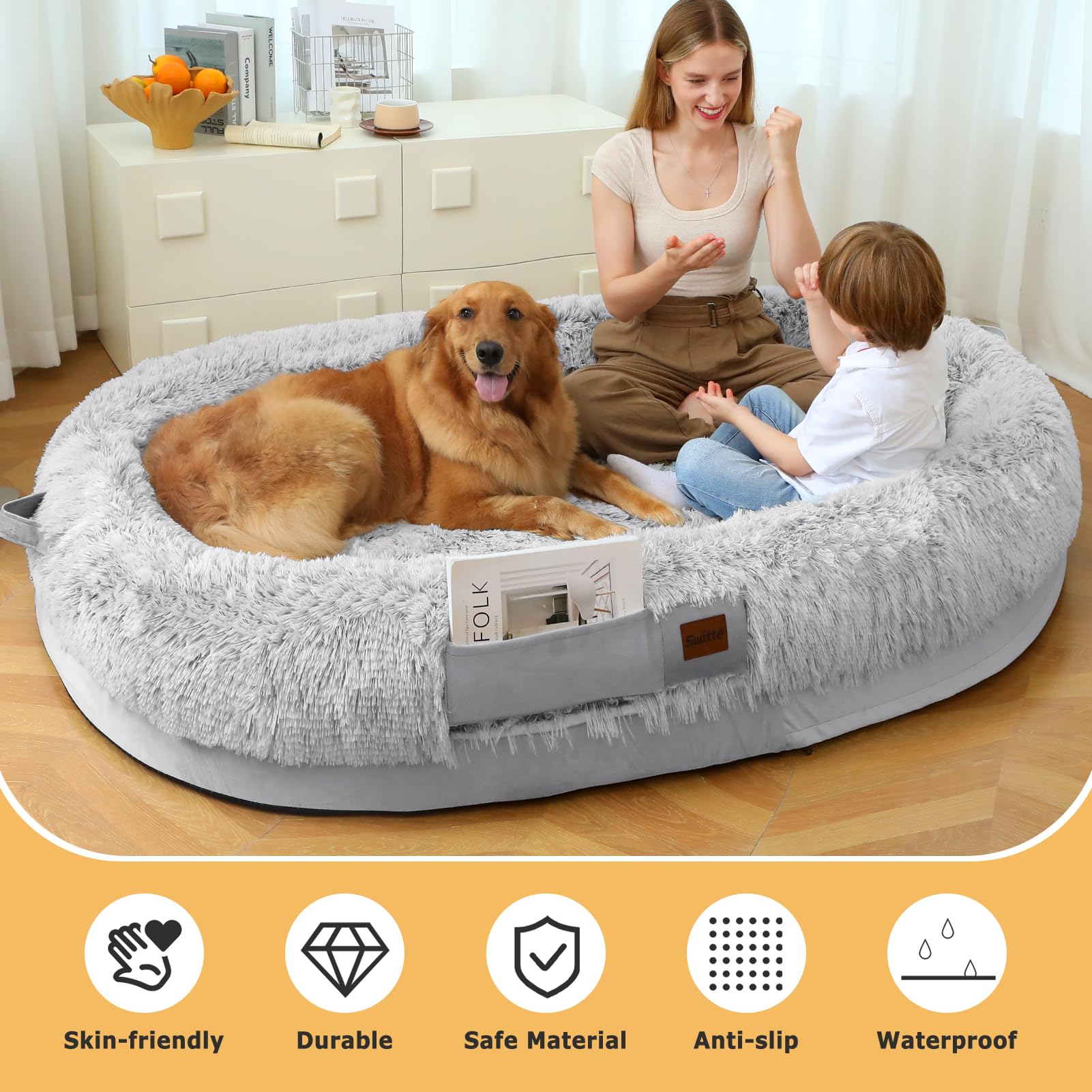 SWITTE human dog bed closeup plush faux fur conveys cozy lounging and premium feel.