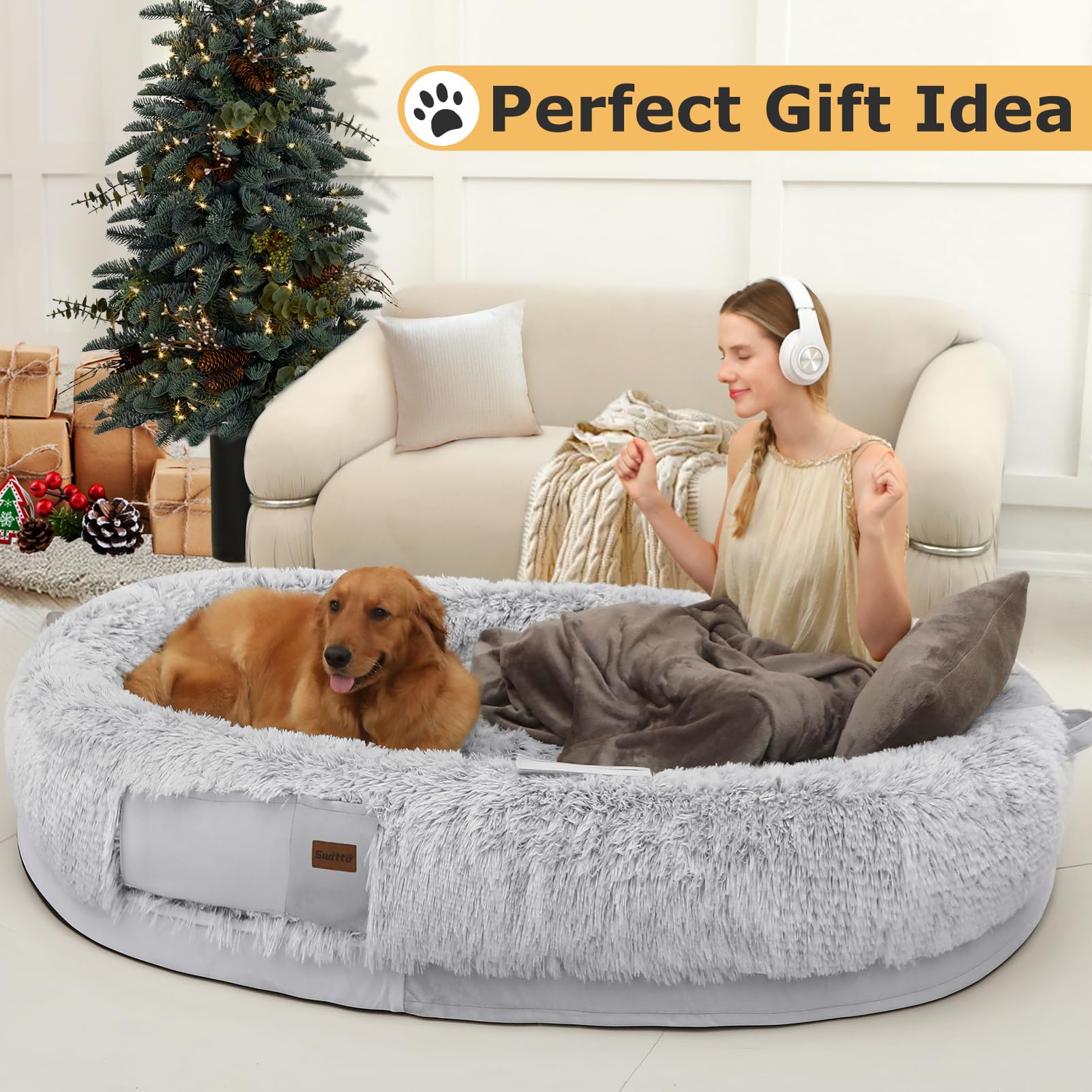 SWITTE human dog bed in living room ambiance suggests cozy retreat for people and pets.