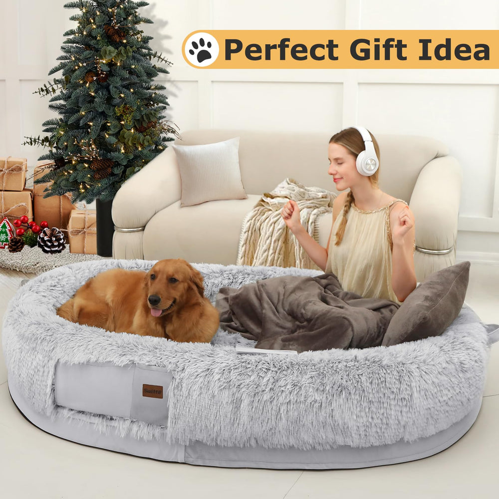 SWITTE human dog bed in living room ambiance suggests cozy retreat for people and pets.