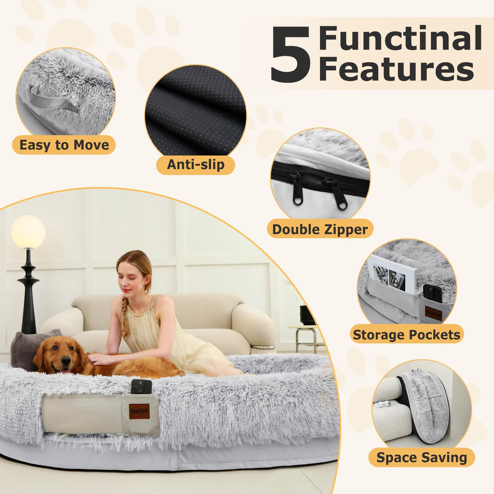 SWITTE human dog bed packaging demonstrates careful transit and ready-to-use setup.