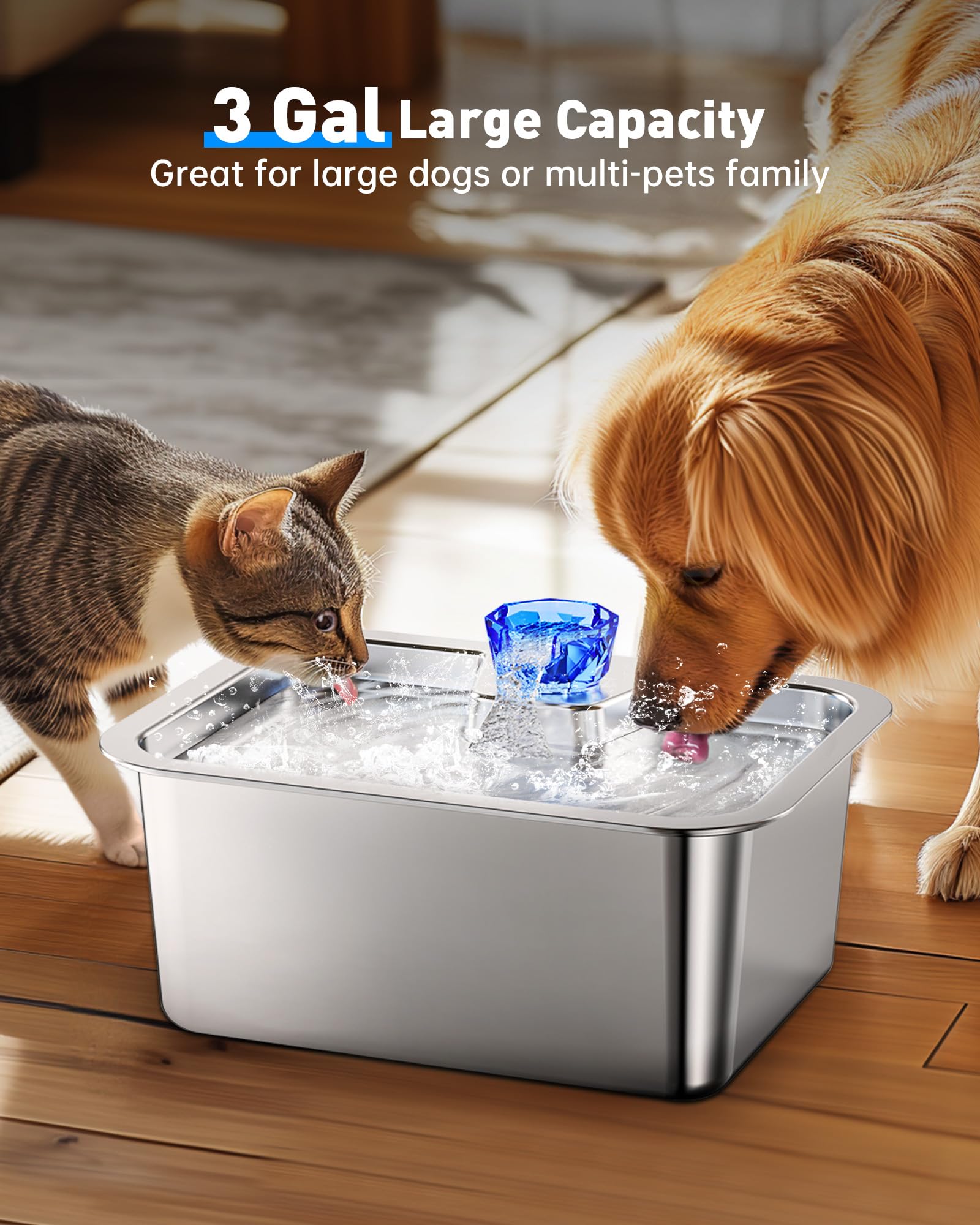 SwSun 11L stainless steel fountain wide drinking area invites multi-pet hydration