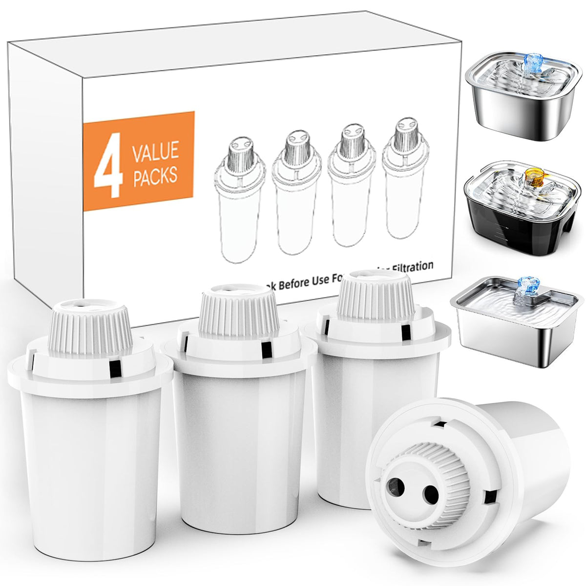 SWSun dog water fountain filters 4-pack front view keeps water fresh for pets.