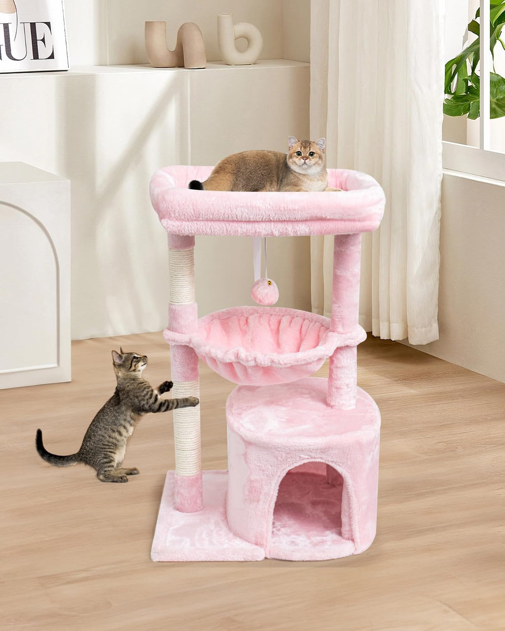 SYANDLVY cat tree assembly guide image indicates quick setup.