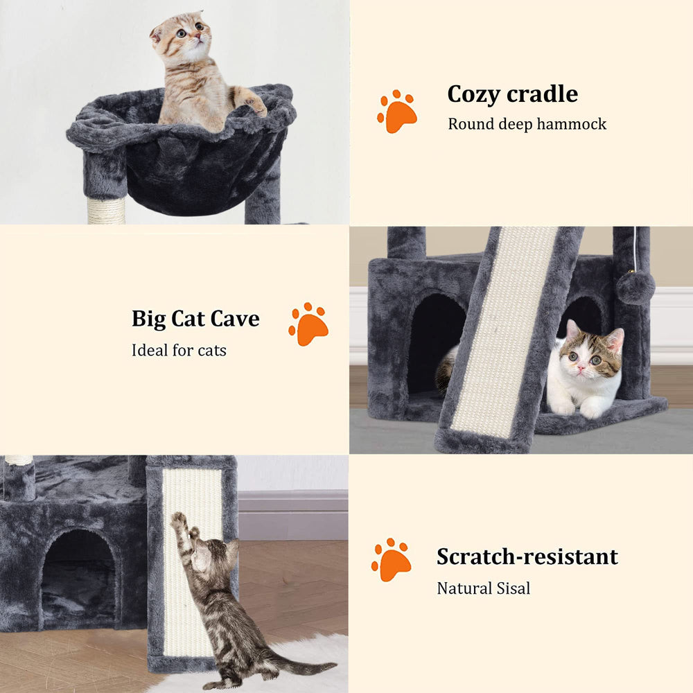 SYANDLVY cat-tree base and structure highlights stability for jumping and lounging.