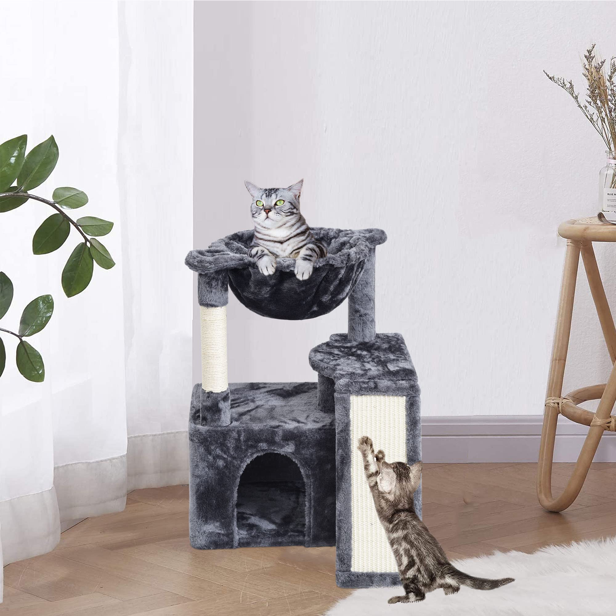 SYANDLVY cat-tree nap nook demonstrates a cozy retreat for long naps.