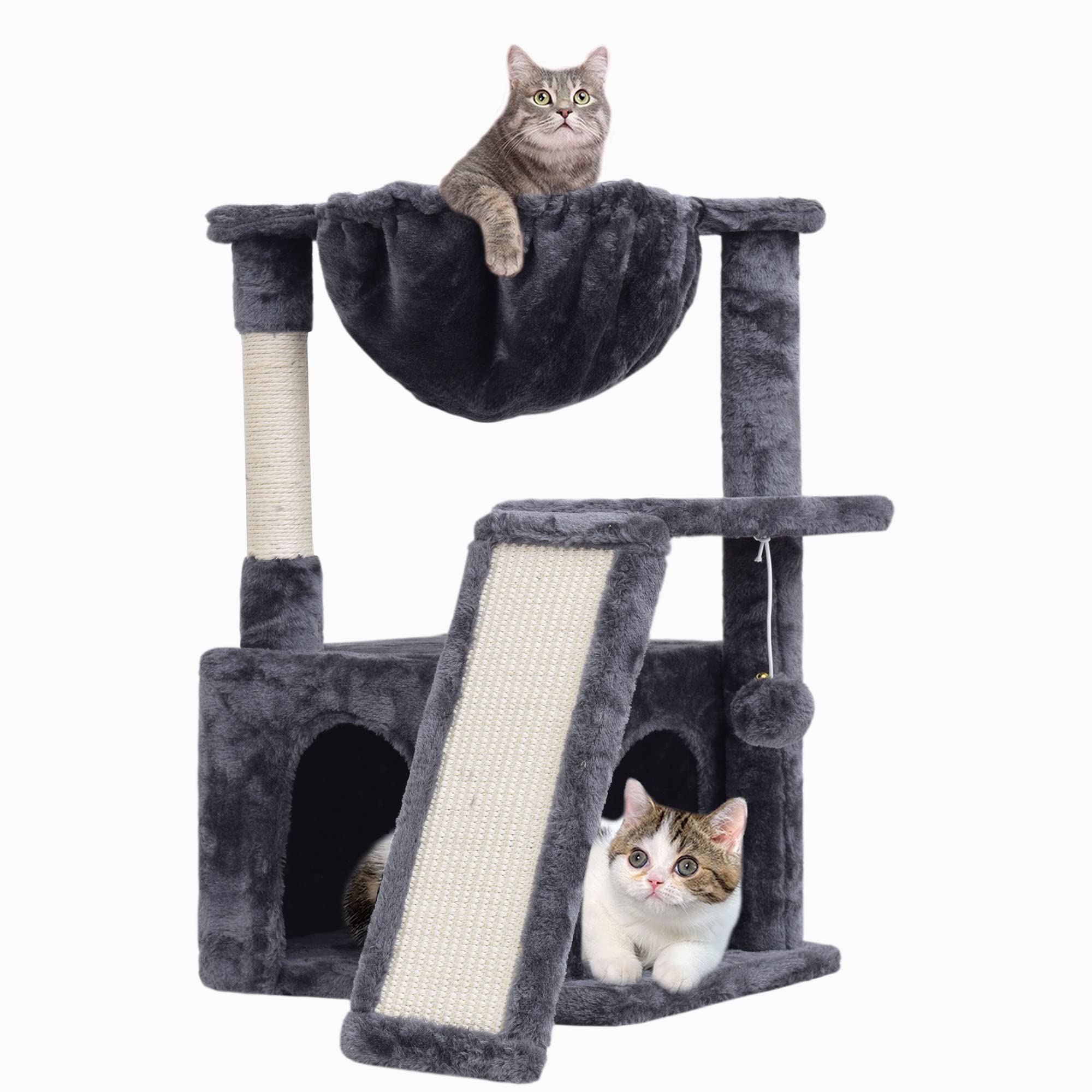 SYANDLVY cat-tree smoky-grey assembly view emphasizes sturdy indoor setup for safe climbing.